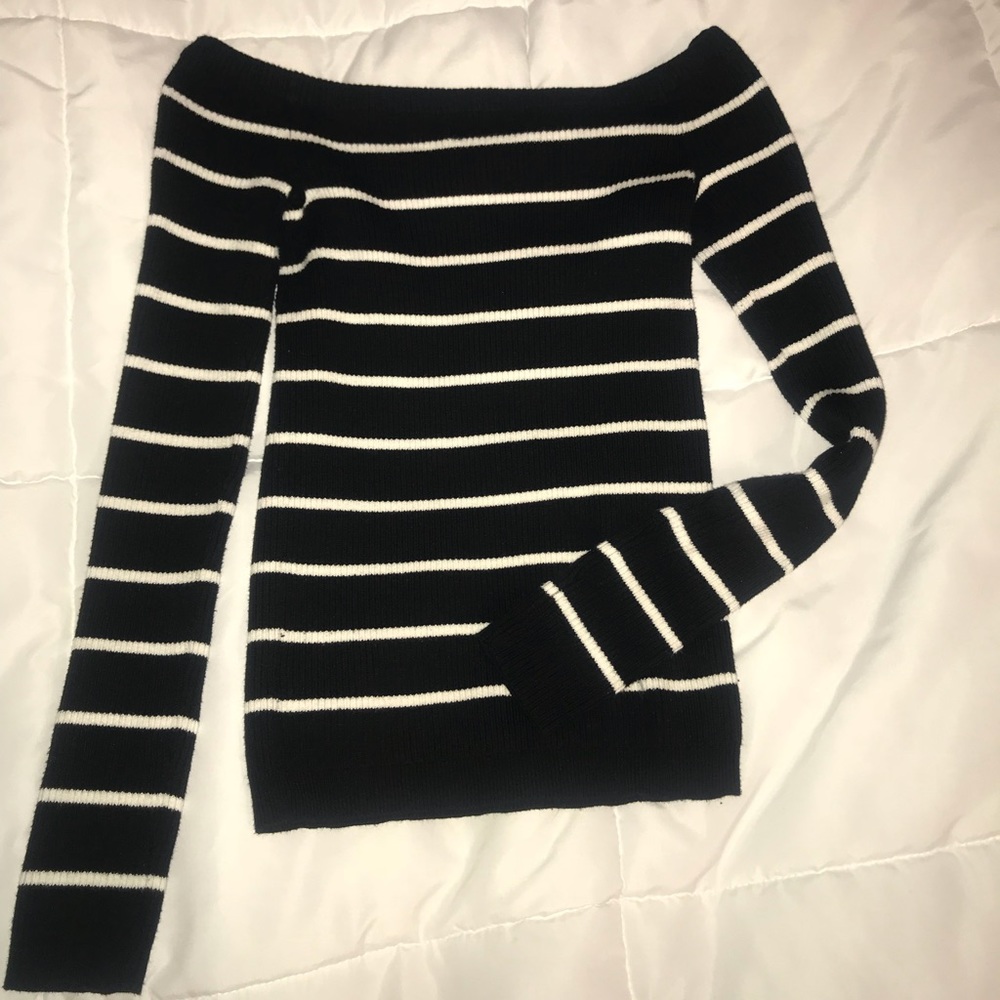 Black/white striped ribbed off the shoulder top